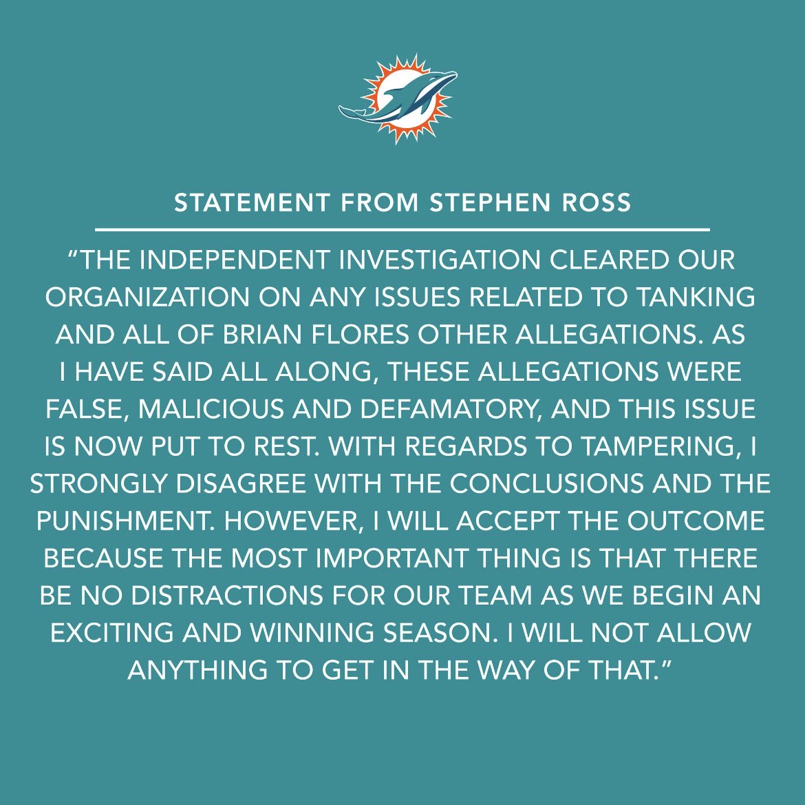 AdamSchefter's tweet image. Statement from Dolphins’ owner Stephen Ross: