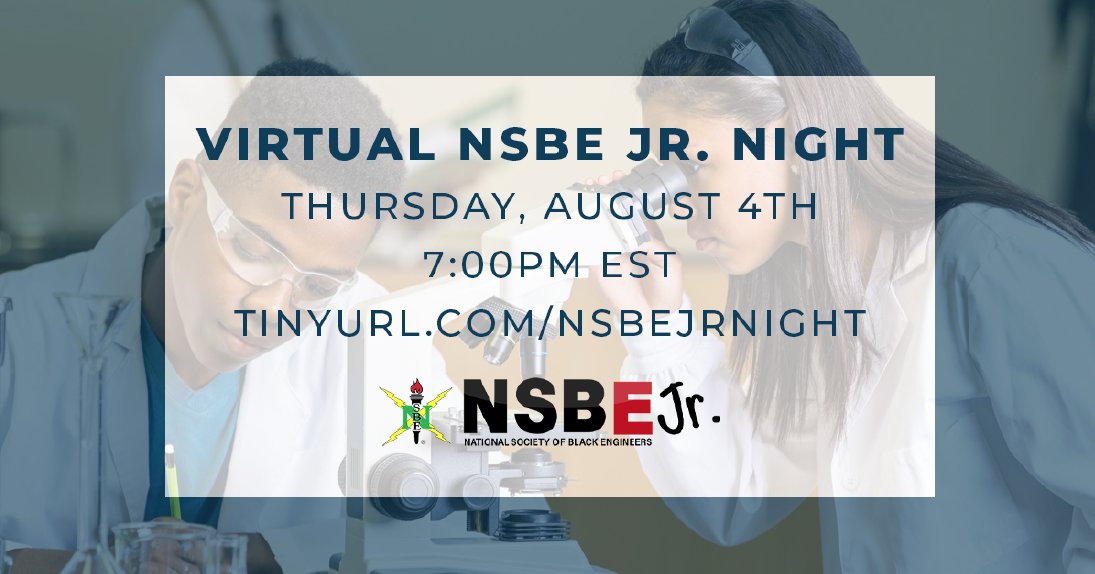 nsbe_jr's tweet photo. NSBE Jr. helps 3rd-12th graders discover the excitement of STEM through academic programs, competitions, leadership development, and dedicated mentorship. Join our webinar on Thursday, August 4th, to learn more! https://t.co/snrzkkHodF
#NSBE #virtualseek2022 #nsbeseek #NSBEJR https://t.co/vJbyVtPpwN