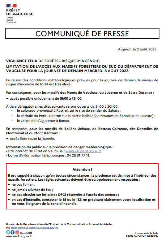 ⚠️⚠ RISQUE SÉVÈRE D’INCENDIE #VIGILANCE #FeuxDeForêt I Mercredi 3 août 2022 : limitation de l'accès aux massifs forestiers du sud du département de #Vaucluse 🌲🌲🌲
Plus d'informations sur le communiqué de presse 👉bit.ly/3BysQB5