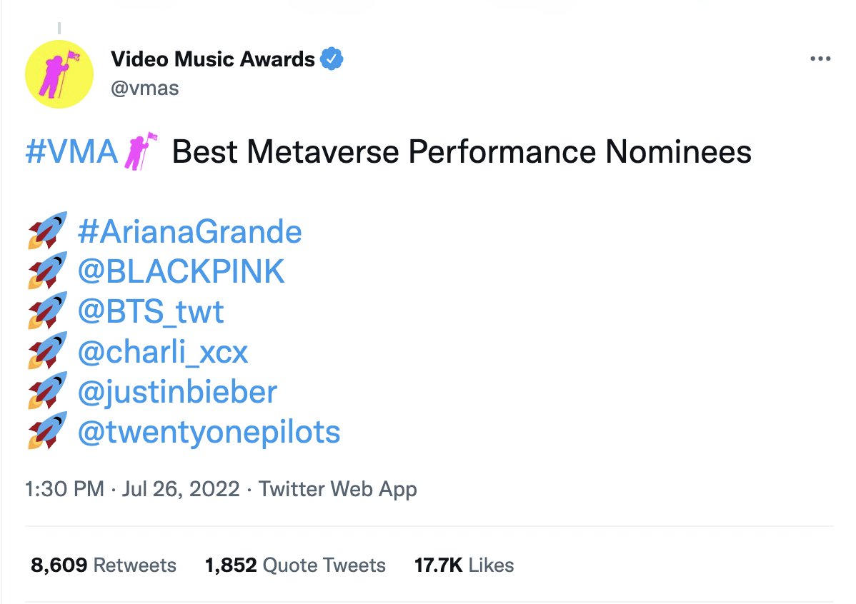 Hey <a href="/MTV/">MTV</a> welcome to my crib 🤘

Back in the 80’s they created a new canvas for artists to express themselves through video (ah, web2), 
and now they’re celebrating them across the digital ecosystem through the <a href="/vmas/">Video Music Awards</a> (hello web3).

Huge. 👌