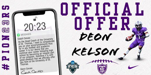 Deon_Kelson's tweet photo. I’m excited to announce my first DI offer from @UST_Football. https://t.co/Z5uFvhTXkK