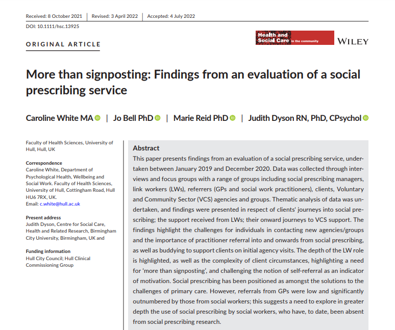 carolinannwhite's tweet image. Out today - paper with Jo Bell, Marie Reid and @JudithDyson1 - our findings from an evaluation of a social prescribing service onlinelibrary.wiley.com/doi/10.1111/hs…
A 🧵on findings......