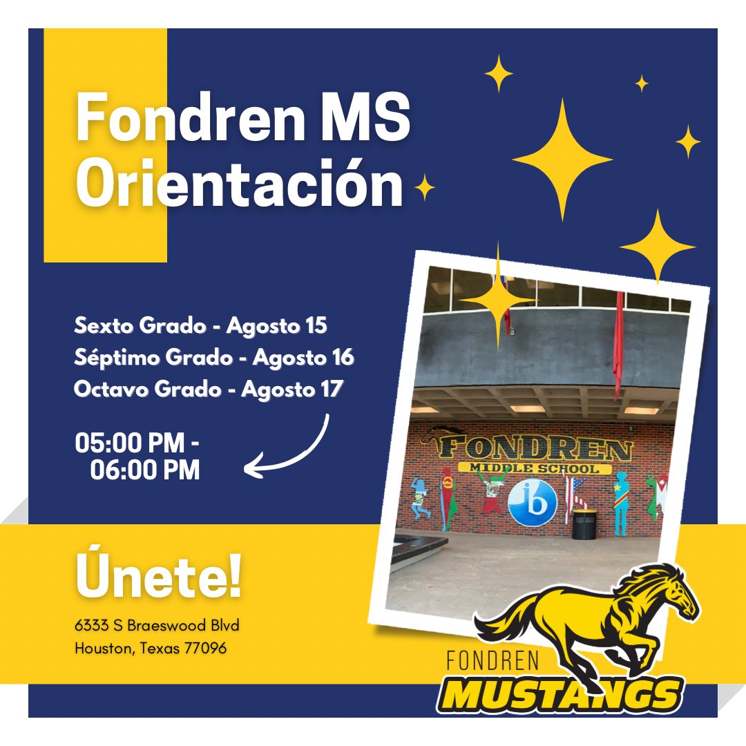 Calling all <a href="/FondrenMS_HISD/">Fondren Middle School</a> Mustangs! We are preparing for your return. 🎉 Join us for campus tours, ID badges, Chromebooks, schedules, fun &amp; more! 💛🖤