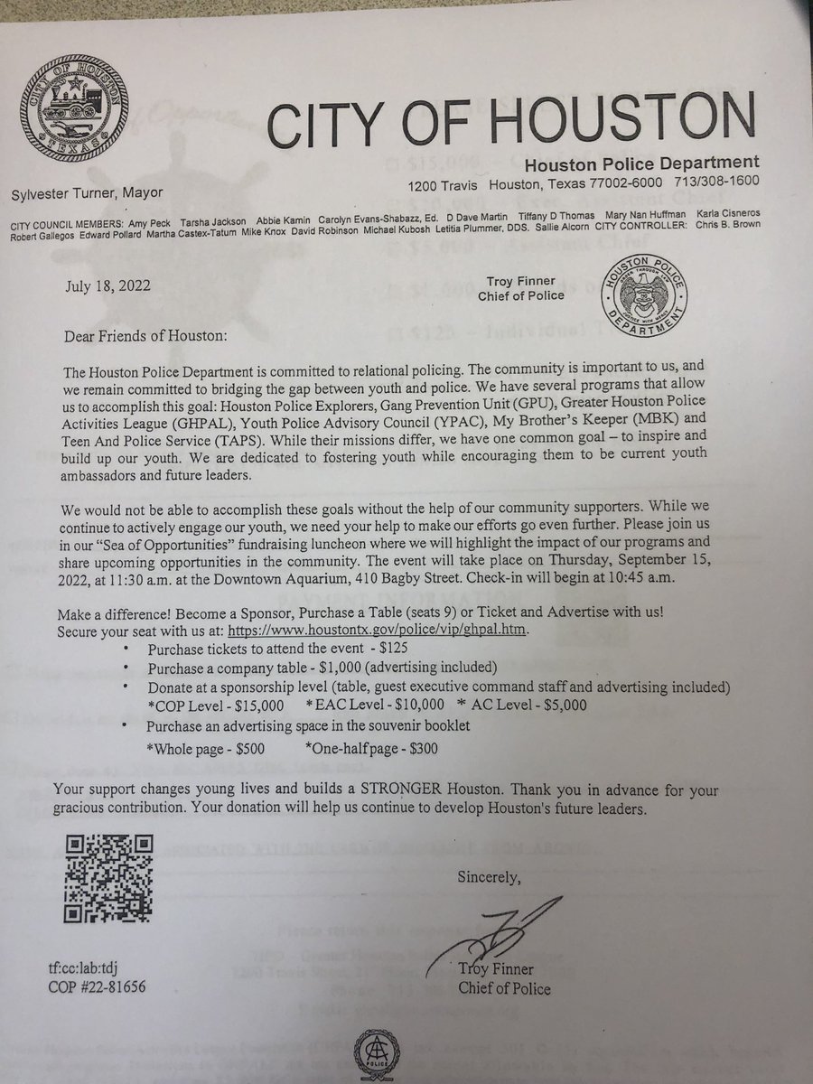 Good morning. It’s that time of year for Greater Houston Police Activities League (GHPAL) to do some fund raising to help cover our cost for our mentees. All our camps/practices and outings would not be possible without the support of our community.