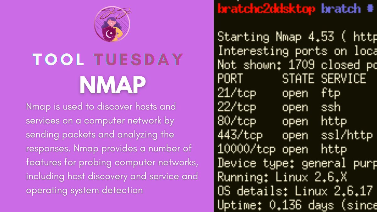 shesecpakistan's tweet photo. Todays pick is #nmap . For more details about its usage and installation visit https://t.co/eXDJGeMB0T .
#ToolTuesday #shesecpakistan https://t.co/QDVeM5HeSa