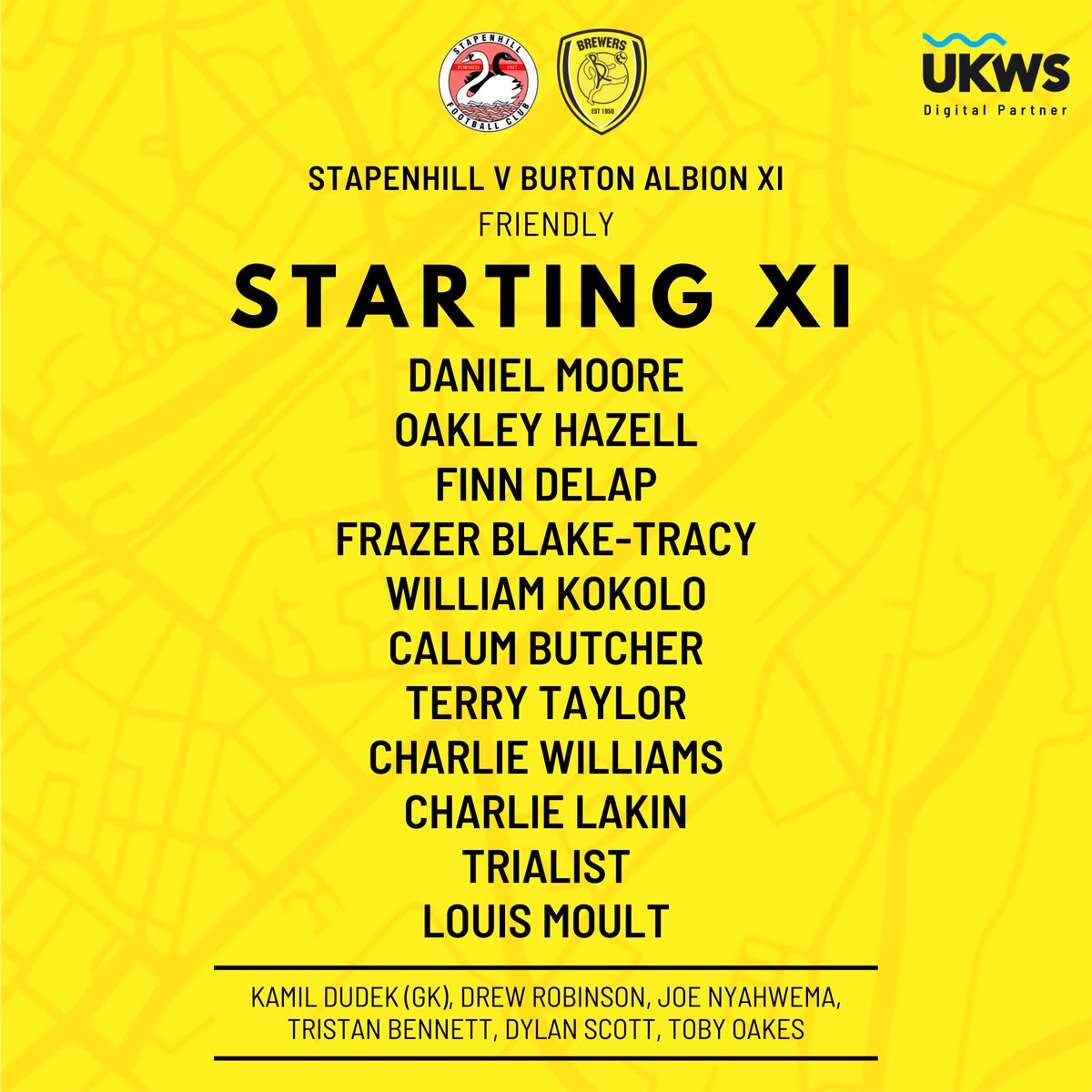 🦢 STAPENHILL V BURTON ALBION XI

Here's how the #Brewers will line-up this evening to play <a href="/StapenhillFC1/">𝙎𝙩𝙖𝙥𝙚𝙣𝙝𝙞𝙡𝙡 𝙁𝘾 ⚽️</a> in a friendly.

⏲️ 7.45pm kick off

Pay on the gate - £4 Adults, £2 Concessions, FREE for 16 and under!

#BAFC