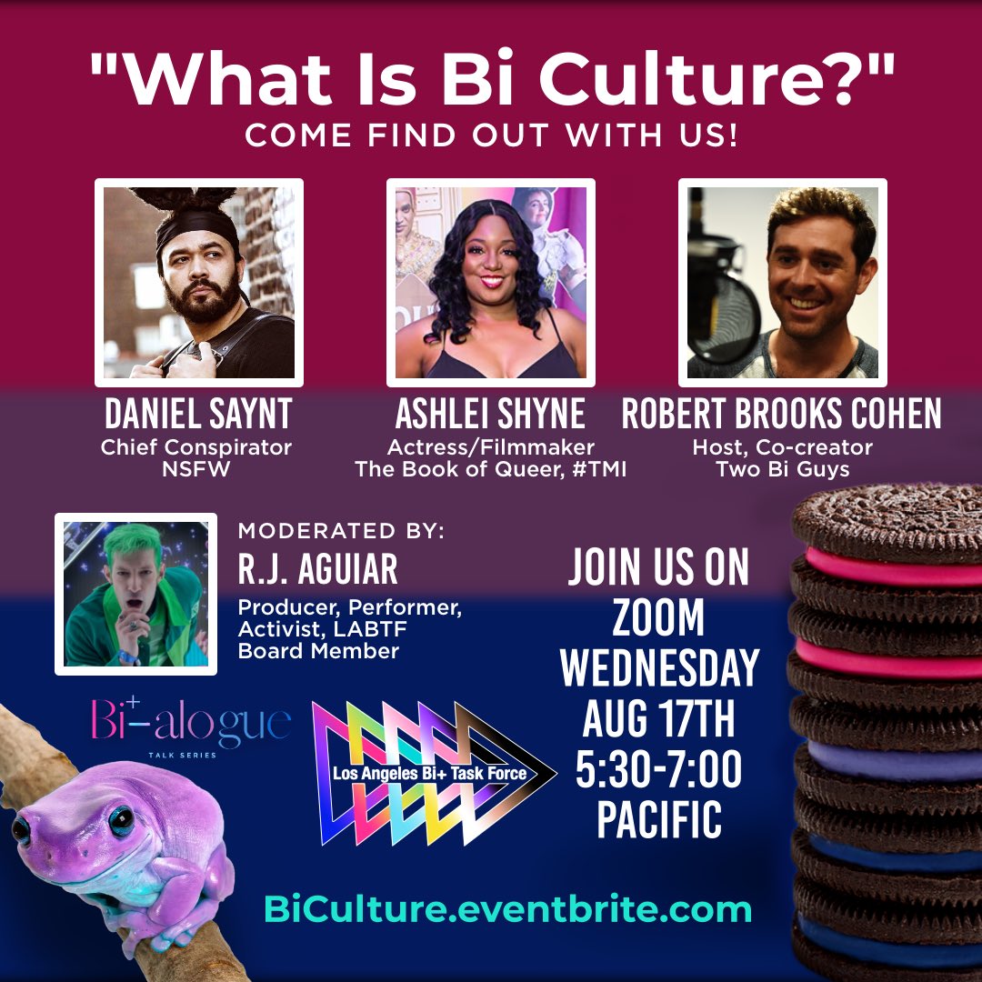 LA_Bi_TaskForce's tweet image. We’re so excited to announce this month’s Bi-Alogue panel: What Is Bi Culture? We have some true Bicons from across media, culture, tech to help answer that question. So join us on Wednesday Aug 17th! BiCulture.Eventbrite.com
