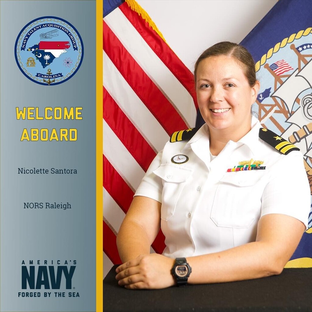 NtagCarolina's tweet photo. Welcome NTAG Carolina’s newest recruiter, CT Nicolette Santora. She is a native of Albany, NY, and is coming to us from USS Truxtun (DDG-103). CT Santora will be at our NORS Raleigh location. Welcome aboard sailor! ⚓️🇺🇸

#navylife #navyrecruiting #navyre… https://t.co/gvjlRDePlY https://t.co/9JOMzyyXaM