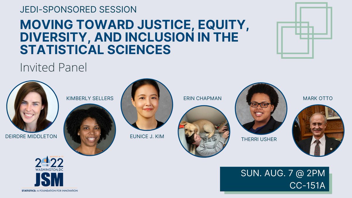 Sunday 8/7, 2:00-3:50pm, CC-151A
"Moving Toward Justice, Equity, Diversity, and Inclusion in the Statistical Sciences - Invited Panel"
Ft. Deirdre Middleton, <a href="/KimFlaggSellers/">Kim Flagg Sellers (she/her)</a>, <a href="/eunice_stats/">Eunice</a>, <a href="/TherriUsher/">Therri Usher</a>, Mark Otto, Gretchen Martinet, @m27182818
ww2.amstat.org/meetings/jsm/2…