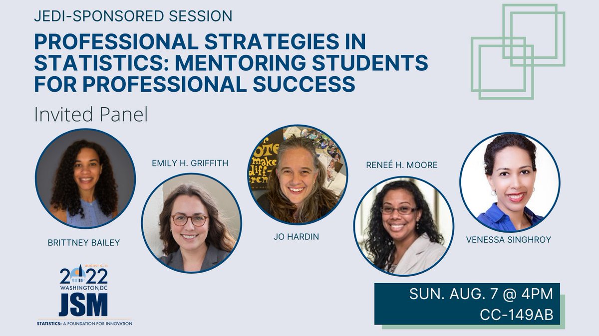 Sunday, 8/7, 4:00-5:50pm, CC-149AB
"Professional Strategies in Statistics: Mentoring Students for Professional Success - Invited Panel"
Ft. <a href="/bebailey8/">Brittney Bailey</a>, @EmilyHGriffith1, @jo_hardin47, Renee Moore, Venessa Singhroy, @JuliaSharpStats
ww2.amstat.org/meetings/jsm/2…