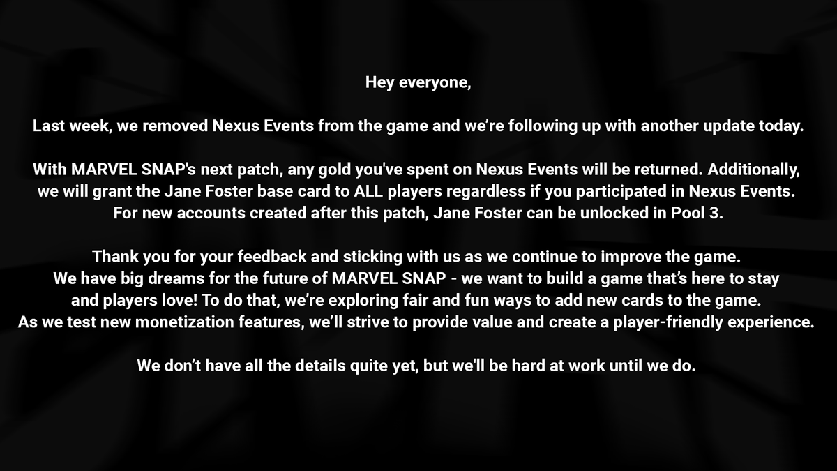 MARVELSNAP's tweet photo. An update regarding Nexus Events https://t.co/QQcReZ8Xr4