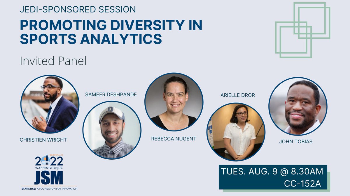Tuesday, 8/9, 8:30-10:20am, CC-152A
"Promoting Diversity in Sports Analytics — Invited Panel"
Ft. <a href="/CFL1GHT/">Christien Wright</a>, @skdeshpande91, Rebecca Nugent, <a href="/arielle_dror/">Arielle Dror</a>, <a href="/TobiasStats/">John Tobias</a>, Eric Gerber
ww2.amstat.org/meetings/jsm/2…