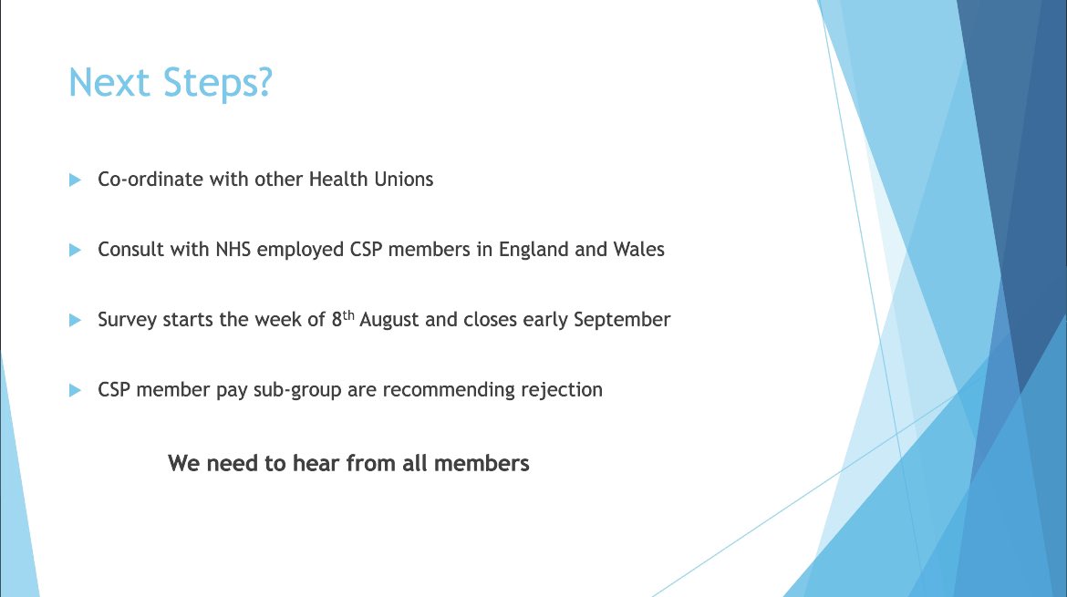Dr Angie Logan (PhD) she/her (@logan_angie) on Twitter photo If you’re unhappy with the NHS pay offer make sure your contact details are up to date on <a href="/thecsp/">Chartered Society of Physiotherapy (CSP)</a> website.
Then look out for an email about consultation for possible industrial action w/c 8th August. Here are the CSP’s next steps 👇🏼 If you’re unhappy with the NHS pay offer make sure your contact details are up to date on <a href="/thecsp/">Chartered Society of Physiotherapy (CSP)</a> website.
Then look out for an email about consultation for possible industrial action w/c 8th August. Here are the CSP’s next steps 👇🏼