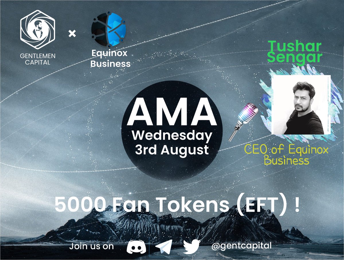 GentCapital's tweet photo. 🎙️Announcing Discord Text AMA with 
@eqxforbusiness !

🔥Reward: 2 x 1K EFT TOKENS for Discord Reaction + 3 x 1K EFT for Twitter.

ℹ️ Actions:

► Join: https://t.co/VFj5wH5lSz
► React on Discord with the live AMA
► Send your questions on this tweet
► Follow: @eqxforbusiness https://t.co/SUoODSa8wg