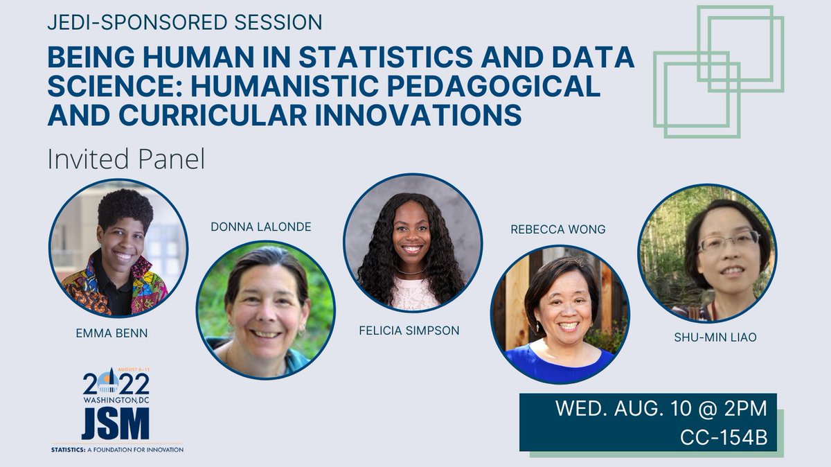 Wednesday, 8/10, 2:00-3:50pm, CC-154B
"Being Human in Statistics and Data Science: Humanistic Pedagogical and Curricular Innovations — Invited Panel"
Ft. <a href="/EKTBenn/">Emma Benn</a>, <a href="/zzlalo/">zzlalo</a>, Felicia Simpson, Rebecca Wong, Shu-Min Liao, <a href="/sec_atx/">Samuel Echevarria-Cruz</a>
ww2.amstat.org/meetings/jsm/2…