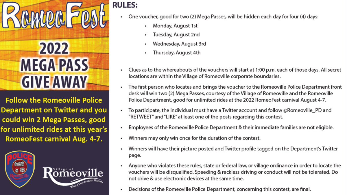 Romeoville_PD's tweet photo. Today's Mega Pass Give Away will start in an hour. If you haven't done so, like &amp; retweet to be eligible to play! You must also follow @Romeoville_PD   Good Luck! https://t.co/W7K3I32vY1