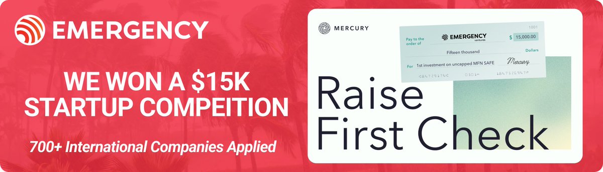 Our team won a $15K investment from <a href="/Mercury/">Mercury</a>!

Our Web App is on target for a Q3 release, and we'd love our followers to be the first to test it with us.

FOLLOW ALONG ---&gt; emergency.ventures