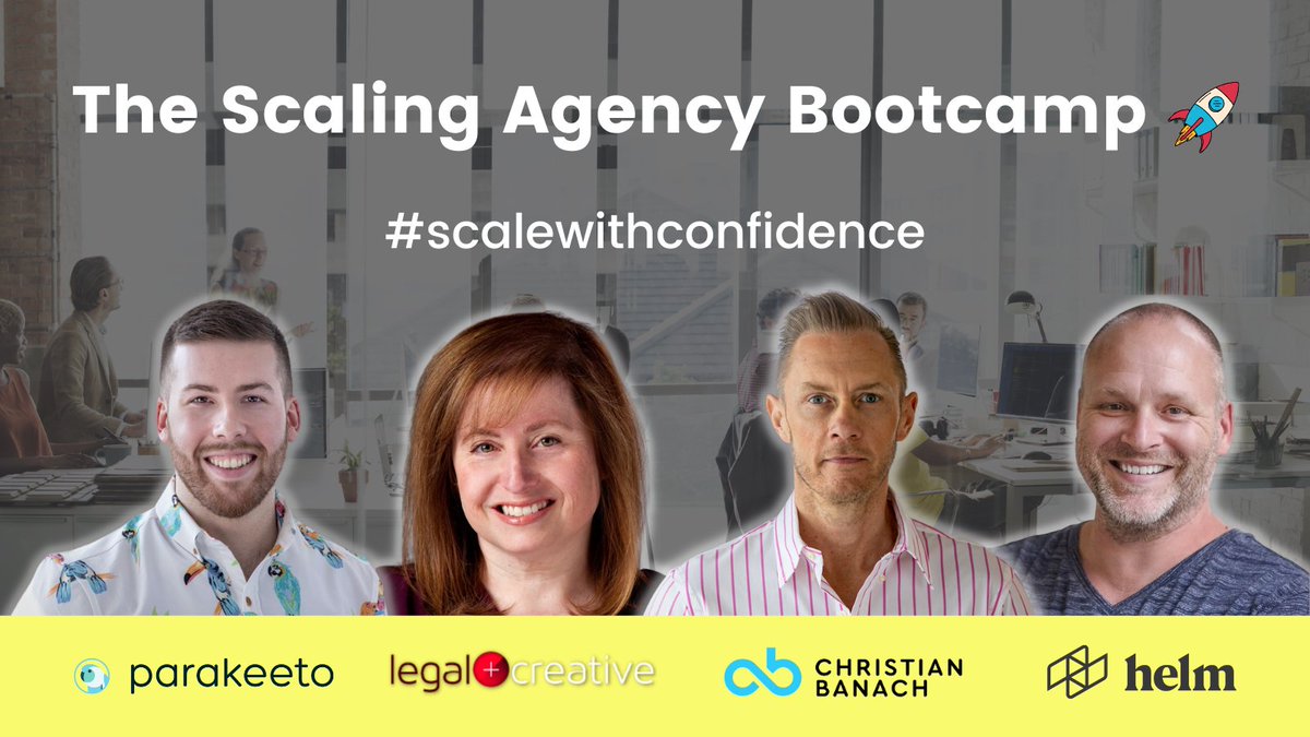 📅 Half a day
🗣 4 speakers
📖Practical & educational content
All designed to help #agency owners #scalewithconfidence 🚀

Join @helm_kelvin @helmcashflow @SharonToerek @ChristianBanach @Parakeeto for the Scaling Agency Bootcamp. 

Book your space here 👇 ed.gr/d68vj