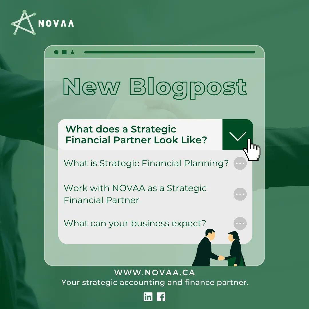 Strategic financial partners, like NOVAA, help build, carry out, and maintain the finance functions that enable strategic financial planning.

New blog: novaa.ca/what-does-a-st…

#NOVAA #NOVAACanada #NOVAAccounting #accountingservices #newblog #financialplanning #financialpartner