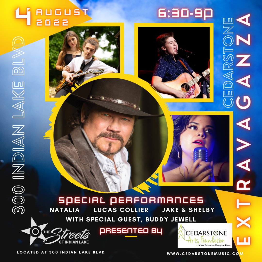 Cedarstone Extravaganza is in 2 days with special guest star Buddy Jewell!!! Music starts at 6:30 - Be sure to stop over at the Cedarstone booth for your chance to win a FREE ukulele!

#livemusic #buddyjewell #cedarstoneextravaganza #lovemusic