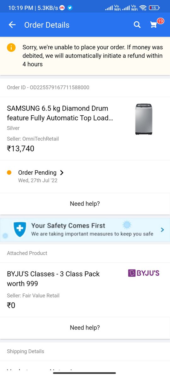 Bca2011Naga's tweet photo. @flipkartsupport On july 27th 2022,Order ID OD225579167711588000 from flipkart site. Payment got deducted from my Kotak bank account but flipkart mobile app shows 'payment not received from the bank' and 'order is pending'. I have been waiting for 4 days for something to happen. https://t.co/AWGnnS2s5S