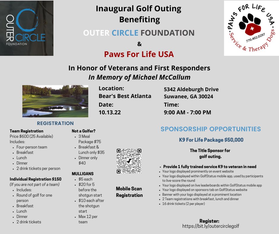 outercircle501c's tweet image. Get involved today! Sponsorships needed! Play golf with us on 10.13.22! Event benefits Outer Circle Foundation, Paws For Life USA, and Veterans / First Responders in need. Sponsorship / Golf Registration Info here ~ zoom w/ finger 😉#help #support