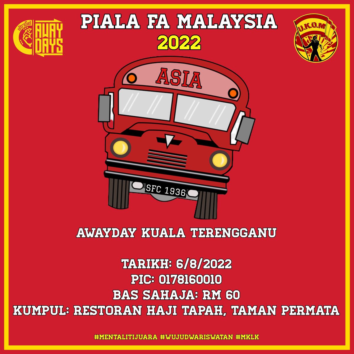 Perjuangan kita belum berakhir !

Perlawanan ini membawa misi kita ke Asia.

Menentang Terengganu pasti sengit lagi-lagi ini adalah perlawanan Separuh Akhir Piala Fa.

RM60 (Bus) + RM25 (Tiket). Free sticker khas untuk korang yang ikut ke Kuala Terengganu.