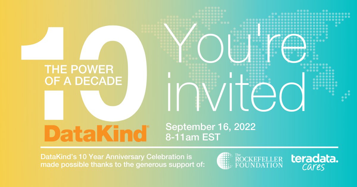 Join us September 16 for our 10 Year Anniversary virtual event! We'll celebrate the Power of a Decade of #dataforgood, #DataKind's impact using #datascience &amp; #AI to advance the social sector, and explore what the future can bring together. bit.ly/3Q1MyJr #DKx10 #UNGA77