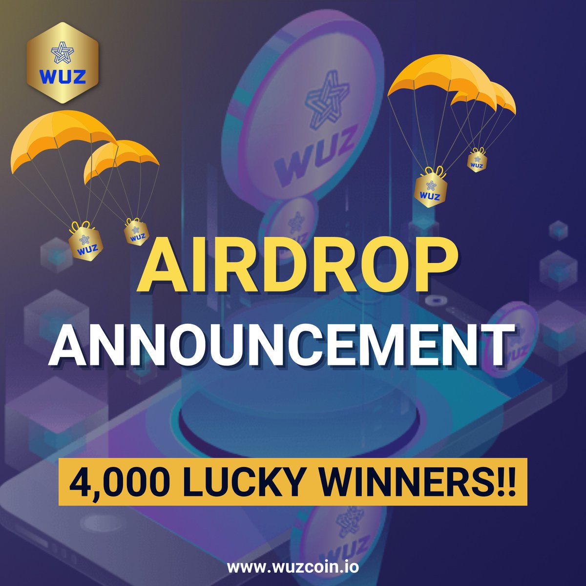 🚀 Airdrop: 
💰 Value: $5 WUZ Finance
Start Date: Aug 2nd  2022
End Date : Aug 20th 2022
🏦 Distribution Date: 30th  Sep 2022
⭐️ WUZ Finanace Airdrop :
🔹 Total to earn per Participant:  Tokens (5$ )
🔹 Winners: 4000 Random lucky winners 
Airdrop link : t.me/WuzcoionAirdop…