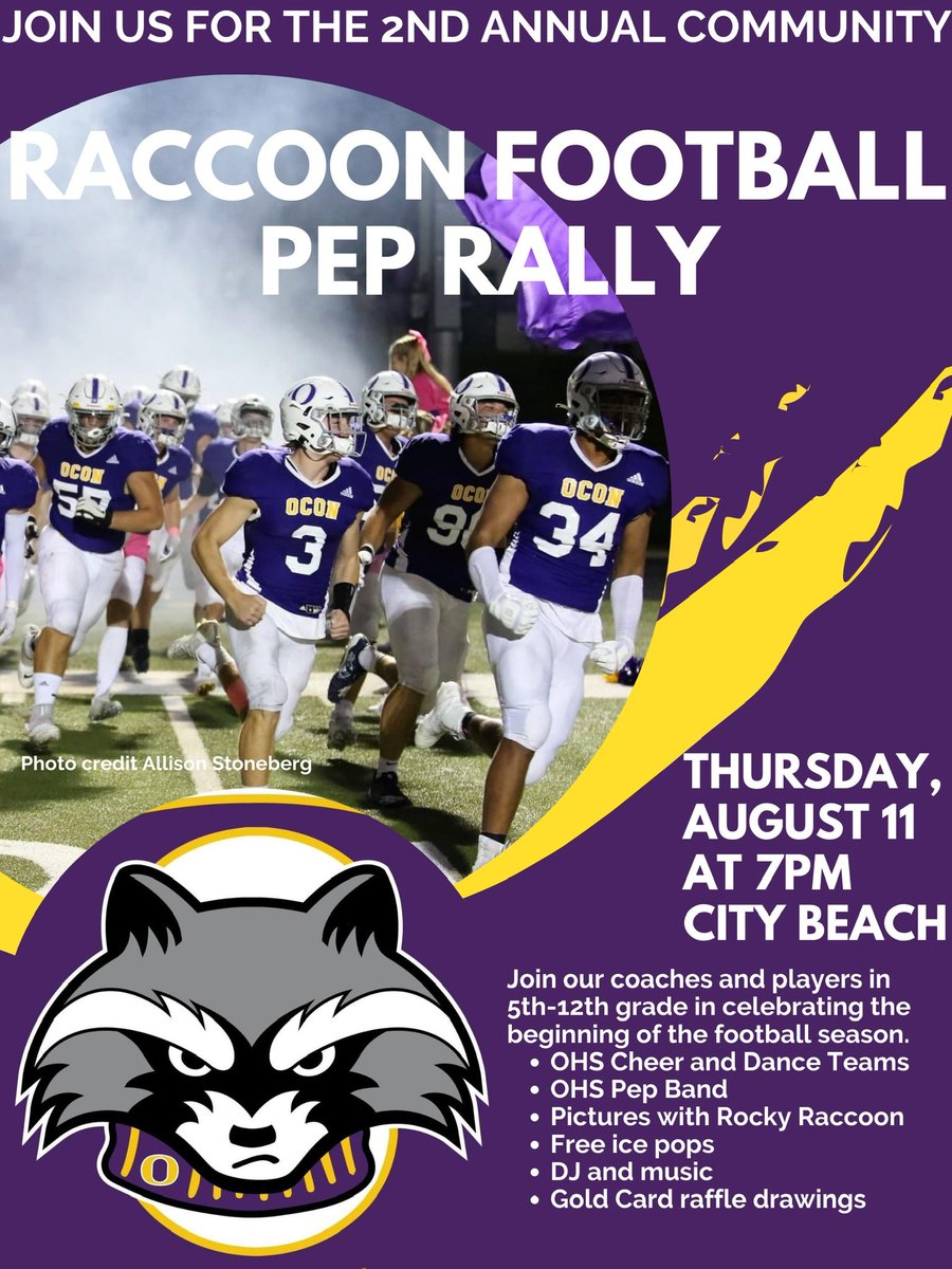 Football season is finally here!  Come celebrate with us next Thursday, August 11, at City Beach at the Raccoon Football Pep Rally!