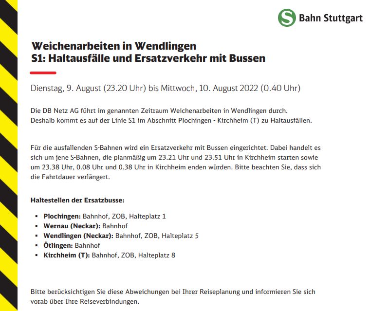 SBahn_Stuttgart's tweet photo. #Vorabinfo
Weichenarbeiten in #Wendlingen
#S1: Haltausfälle und Ersatzverkehr mit Bussen
Mehr Info´s hier: ➡️https://t.co/y0Jx5WgSSL https://t.co/y0ELTDVg0r