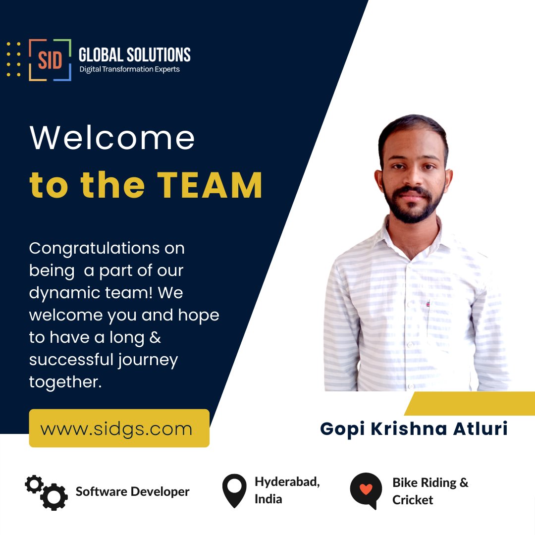 SolutionsSid's tweet photo. Pleased to welcome Gopi Krishna Atluri joining the SIDGS team of Software Developers. We congratulate Gopi on this new start and wish for a great career together.
#newhire #newbeginnings #indiajobs #digitaltransormation #softwaredeveloper #developerjobs #wearehiring #hiringpost https://t.co/FJcfFZktlt