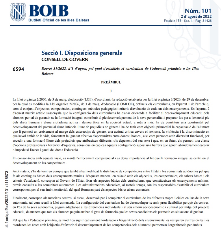 EDUN_IB's tweet photo. Avui al BOIB es publiquen els nous currículums educatius de les Illes Balears.
https://t.co/vDr61G9BcP https://t.co/HYzYI9CSJN