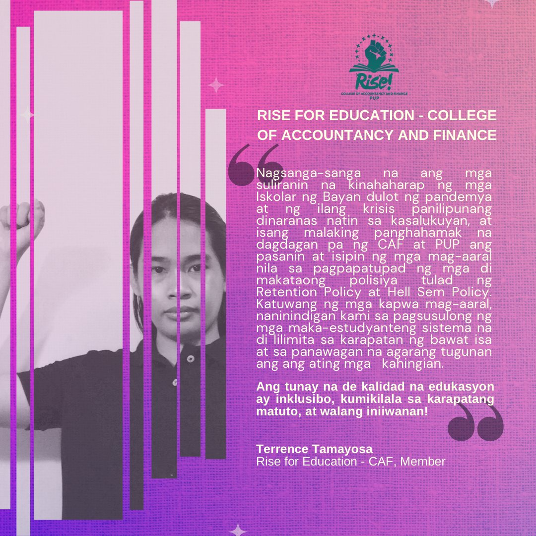 r4e_caf's tweet photo. #LetCAFStudentsGraduate | Pahayag ng pakikiisa ng Rise for Education - College of Accountancy and Finance hinggil sa panawagan ng mga 4th Year Accountancy students para sa makatao at maka-estudyanteng polisiya sa loob ng CAF. https://t.co/xaeoJRrzL7