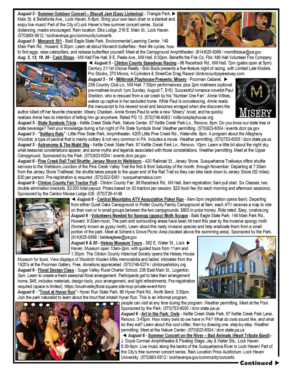 ClintonCountyPA's tweet photo. Hi, fans of Clinton County! Attached is your latest “What’s Happening” flyer – THREE PAGES of EVENTS this week! For a full Calendar of Events, visit our website at https://t.co/772rVwWwb4. We also have event info on our Explore Clinton County, PA Facebook page. https://t.co/En51JazvvQ