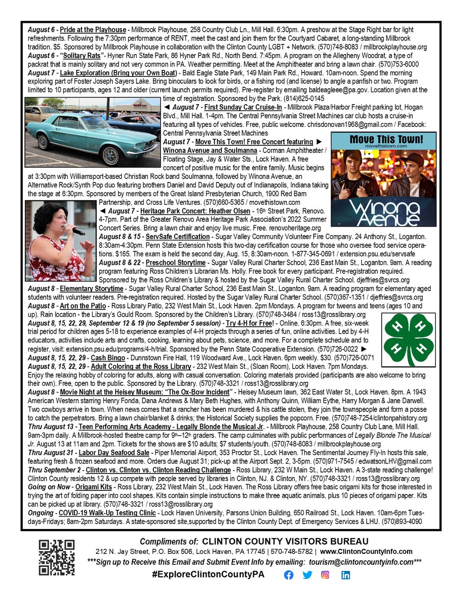 ClintonCountyPA's tweet photo. Hi, fans of Clinton County! Attached is your latest “What’s Happening” flyer – THREE PAGES of EVENTS this week! For a full Calendar of Events, visit our website at https://t.co/772rVwWwb4. We also have event info on our Explore Clinton County, PA Facebook page. https://t.co/En51JazvvQ