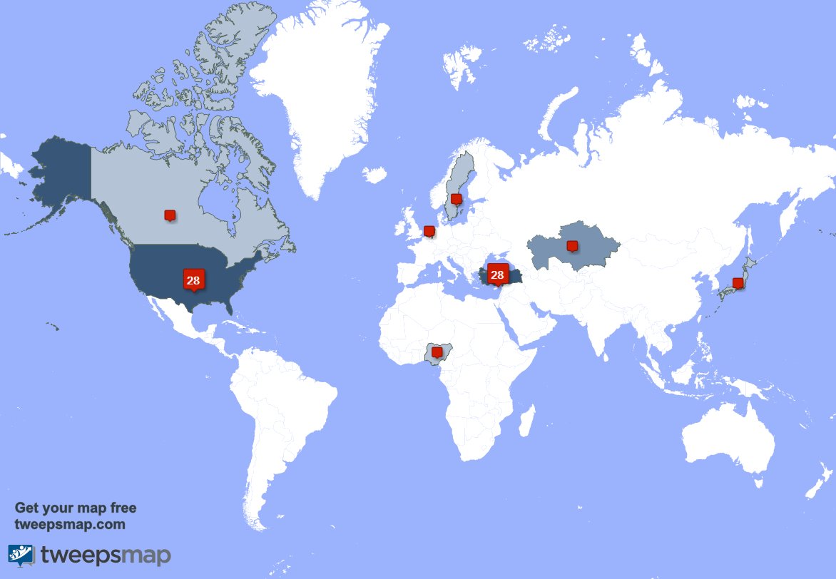 According to tweepsmap.com/!Eskarjan, you come from 8 countries
1. Türkiye (30%) 🇹🇷
2. USA (30%) 🇺🇸
3. Kazakhstan (11%) 🇰🇿

Can you see your country?