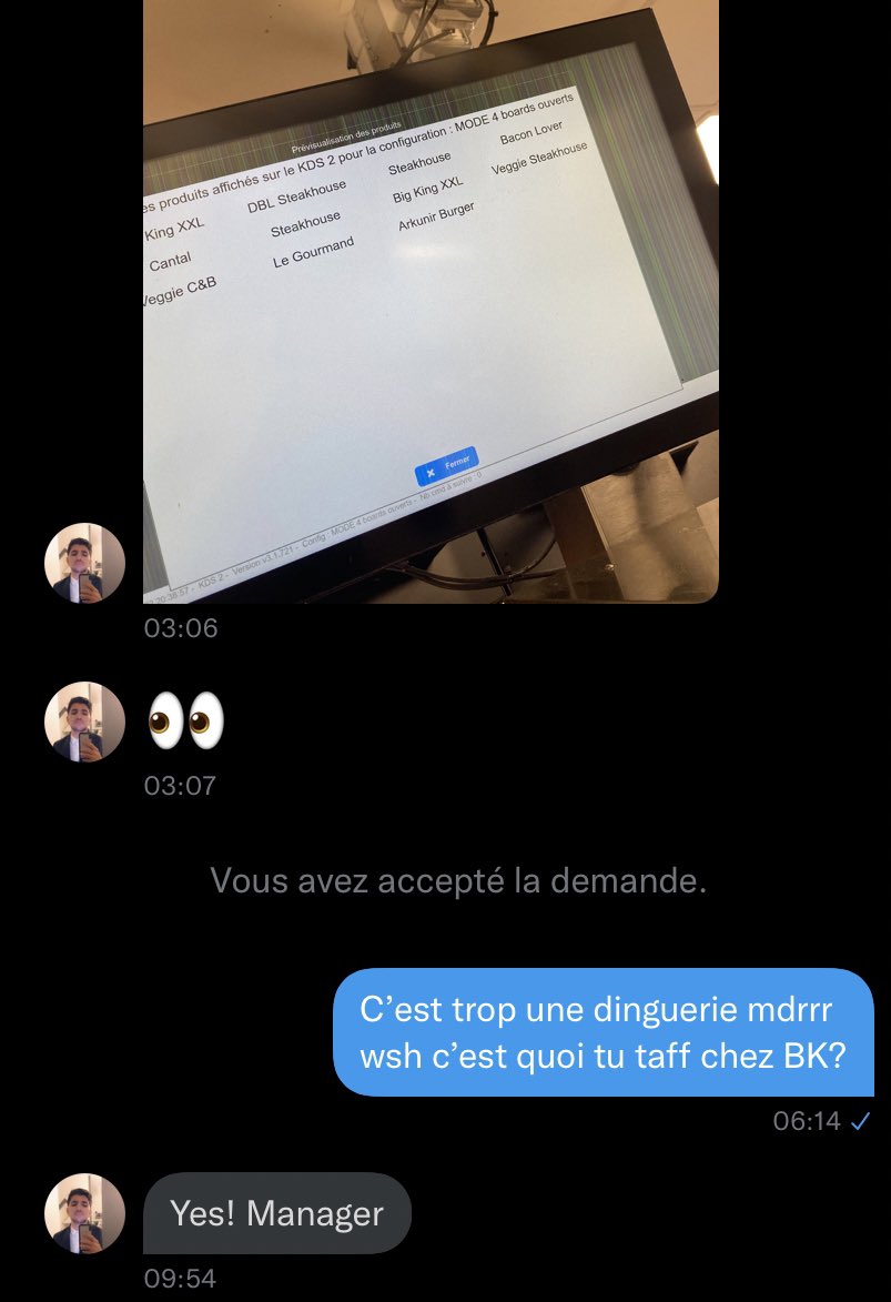 Arkunir's tweet photo. Ceux qui taff chez BK commencent à voir le Burger sur leurs listes ptdrrrr c’est trop la classe je suis en train de réaliser que ça va vraiment arriver là https://t.co/EzzXIVBfCr