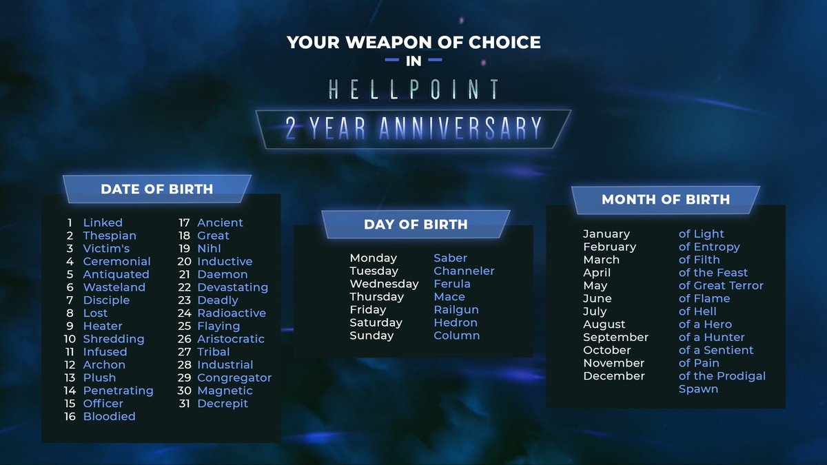 ⚫️ Hellpoint 2-Year Anniversary Weapon Name Generator ⚫️

Make a wicked weapon name using your date of birth and put it in the replies 🔻

#rpg #videogames