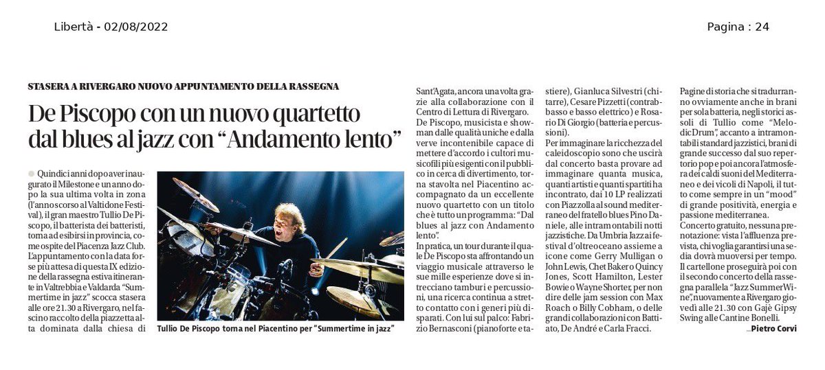 #summertime2022! Stasera ci siamo ? Ore 21.30 a Rivergaro ! #dicciniente! #tulliodepiscopo 5et <a href="/pcjazzclub/">Piacenza Jazz Club</a> ! <a href="/PiacenzaSera/">Piacenza Sera</a> <a href="/Liberta_it/">Libertà.it</a> <a href="/laprovinciacr/">Provincia di Cremona</a> <a href="/AngelicaDa/">Angelica Dadomo</a> <a href="/RobertaValla/">Roberta Valla</a> @Piacenza_Online @bart651838