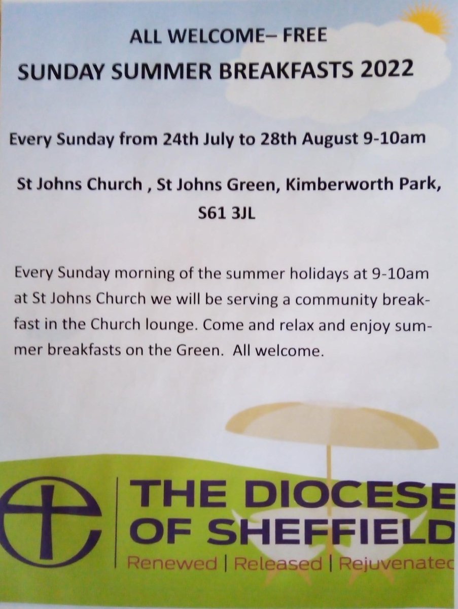 Free Community Breakfast every Sunday during the summer school holidays 9-10am at St Johns Church.