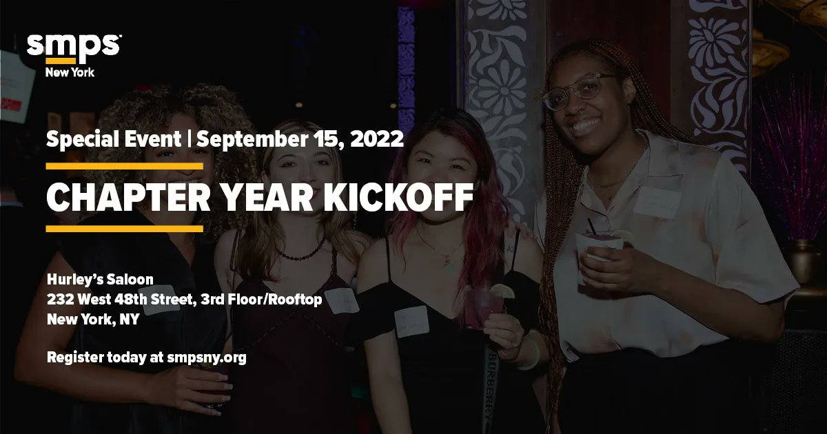 SMPSNewYork's tweet photo. Join us on September 15th at Hurley’s Saloon as we toast and kick-off our 2022-2023 Chapter Year! This bash will include a cash bar and some light hors d’oeuvres - register today! 🥂
https://t.co/pE6q7wzk6V
#chapterkickoff #smpsny #aecmarketing https://t.co/HaeLm8XtVi