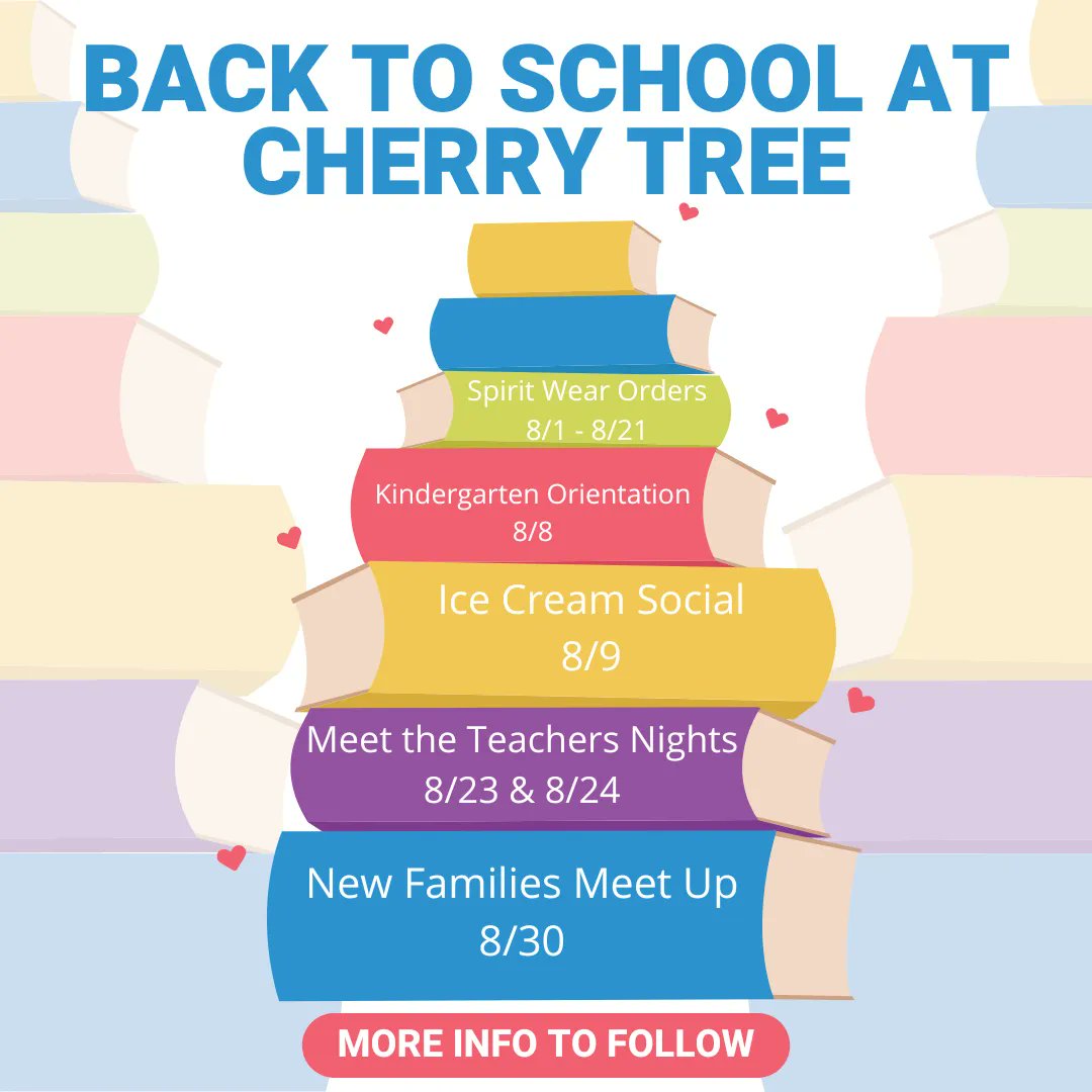 CTEPTO's tweet photo. We're looking forward to kicking off the school year with these upcoming events:
 - Spirit Wear Orders: Aug. 1-21
 - Kindergarten Orientation: Aug. 8
 - Ice Cream Social: Aug. 9
 - Meet the Teachers Nights: Aug. 23 &amp; Aug. 24
 - New CTE Families Park Meet Up: Aug. 30 https://t.co/GrmYG4ZsZG