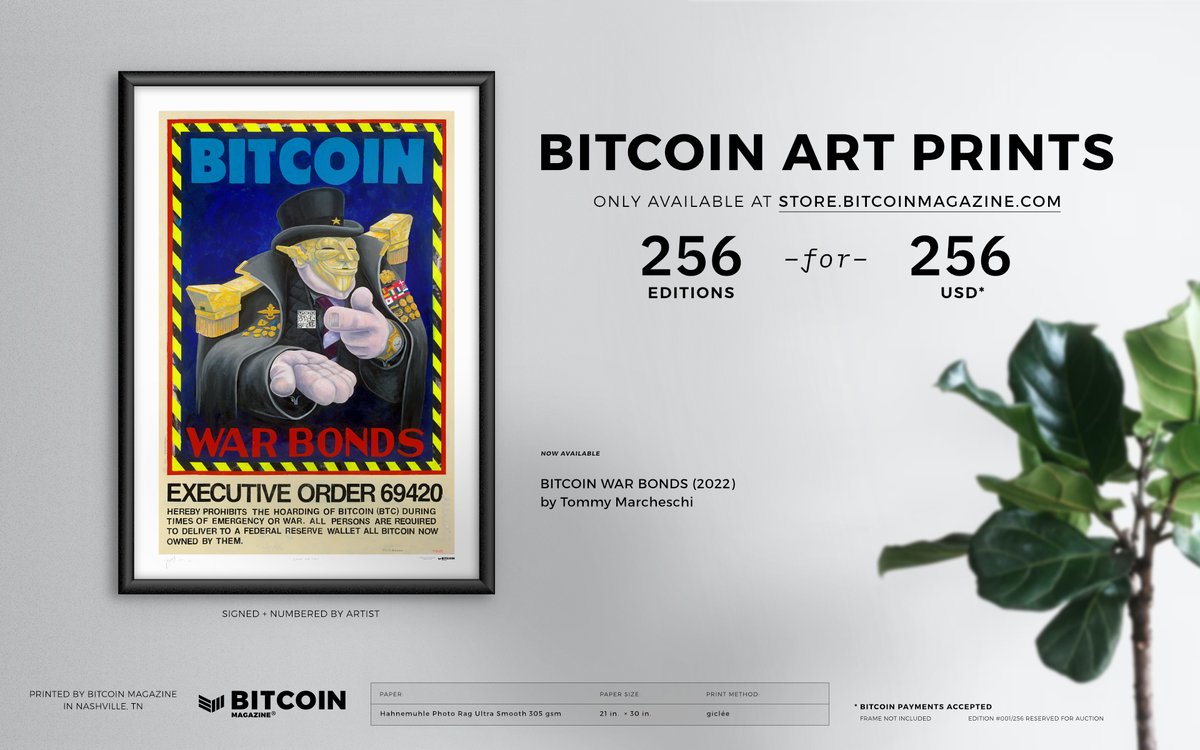 BitcoinMagazine's tweet image. Bitcoin Magazine is proud to announce the release of limited edition Bitcoin art prints starting with BITCOIN WAR BONDS. 🪖

Future releases will feature work from some of the best artists #Bitcoin has to offer!

256-for-256; available while supplies last! store.bitcoinmagazine.com/collections/ar…