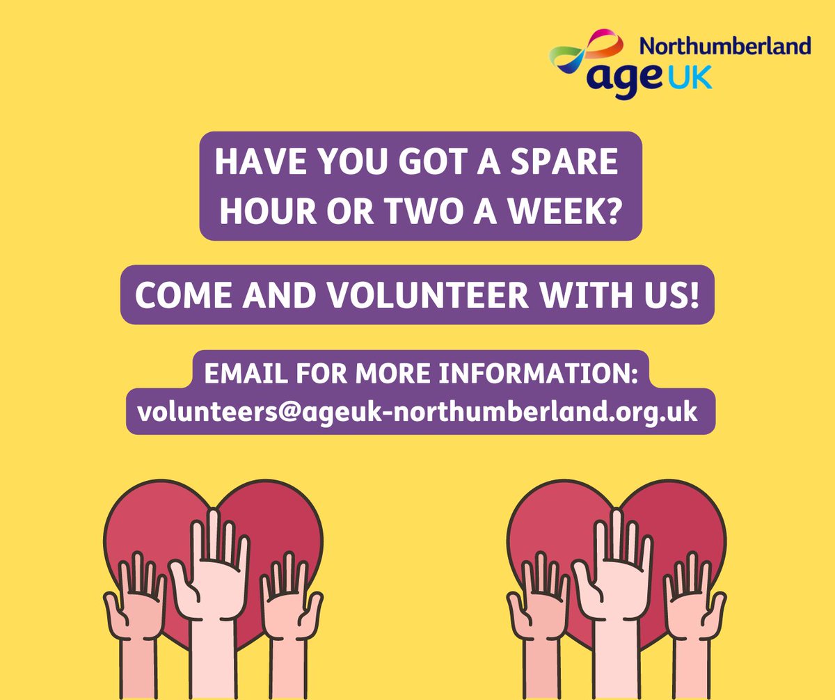 Do you have a spare hour or two or week? Come and volunteer with us here at Age UK Northumberland! We have many different roles with Information &amp; Advice, Reception, Friendship Line, and so much more. 

Email volunteers@ageuk-northumberland.org.uk for more info! #volunteering