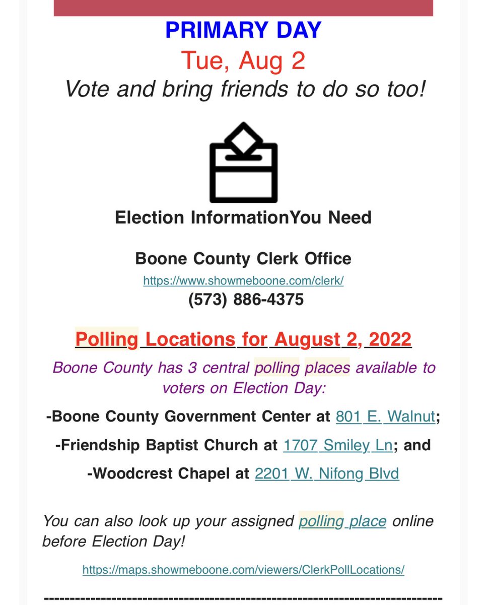 Chimene4MO's tweet photo. Voting is happening today 6am -7pm. If you are in line at 7p you get to vote. #flip47 #voteChimene4Mo https://t.co/vWc0ct3cOT