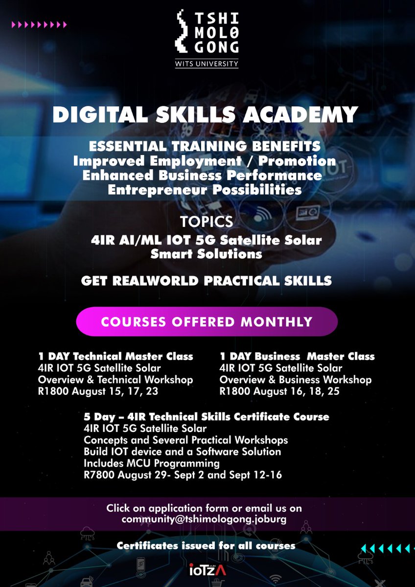 <a href="/TshimologongIT/">Tshimologong Precinct</a> &amp; IOTZA are offering IOT Short Courses for people who are in R&amp;D, #Innovation, #engineers, #programmers, #inventors, #entrepreneurs, employment, advancement seekers &amp; #analysts who want to be able to build #IOT solutions or apply them in business.
[THREAD]