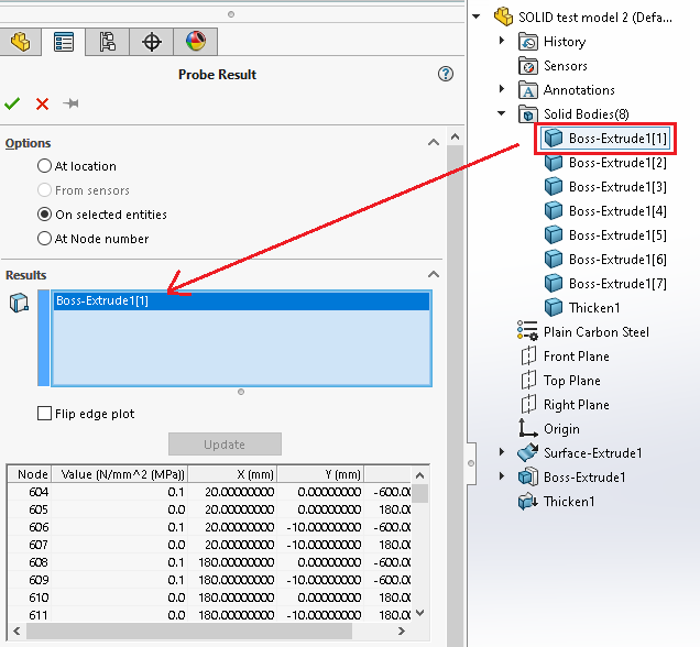 SOLIDWORKSCare's tweet photo. In SOLIDWORKS Simulation, did you know that the 'Probe Result' PropertyManager accessible using 'List Selected' (aka probe 'On selected entities') also allows the selection of solid bodies? ^OA #SOLIDWORKS #SIM #SWSim https://t.co/eFbwRGJ4eQ