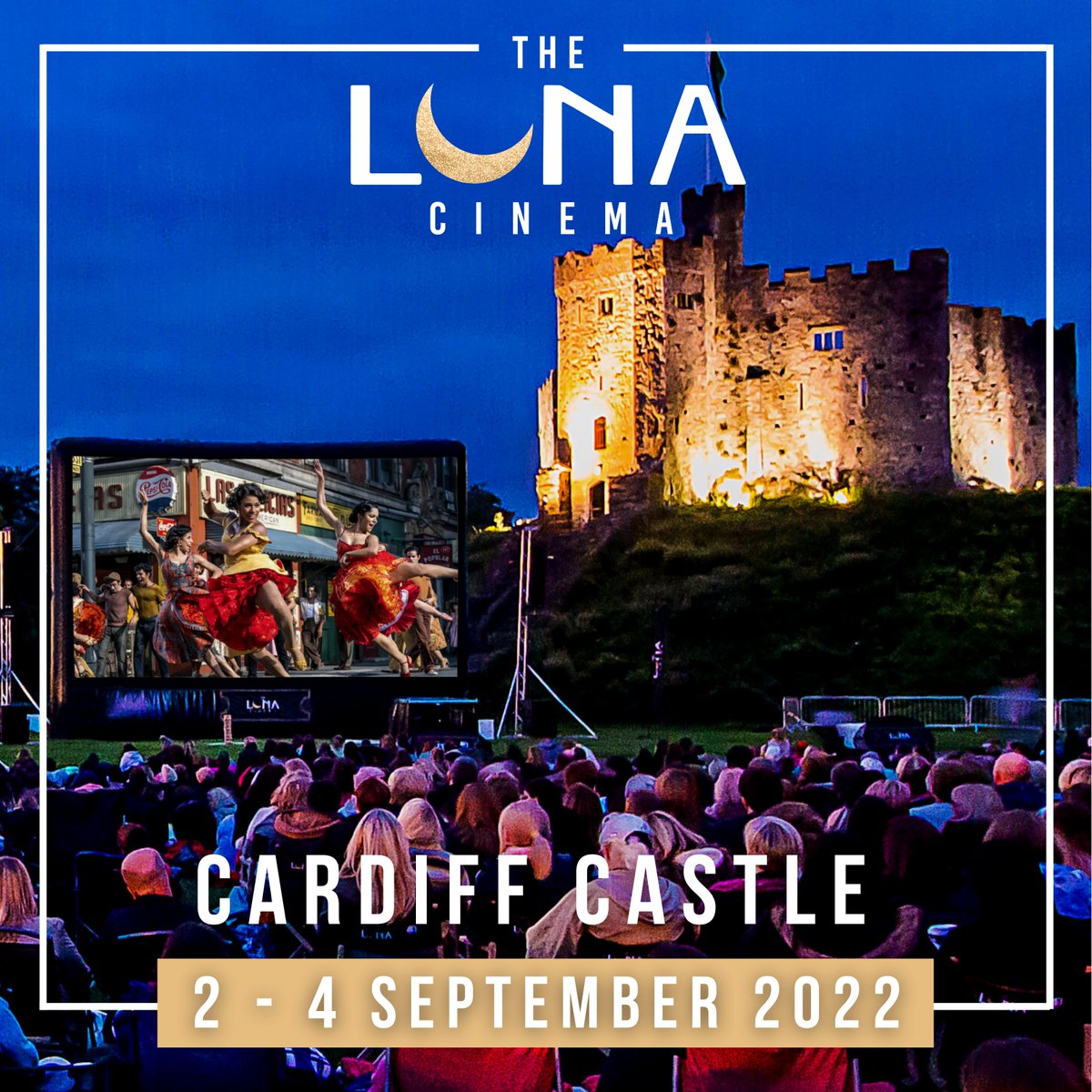 cardiff_castle's tweet photo. COMING SOON! @TheLunaCinema is bringing the big screen back to Cardiff Castle this Sep (2nd – 4th). 
Enjoy three unforgettable nights of cinema under the stars &amp; choose from West Side Story, Grease and Rocketman.
Hurry! Tickets are selling fast! Book NOW.
https://t.co/U644Cu0GfZ https://t.co/1fWkOju7jB