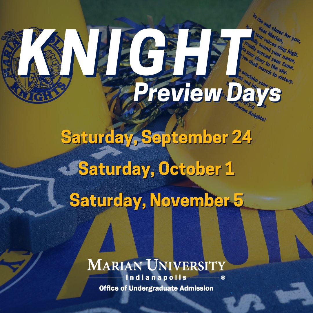 Want to see what it is like to be a Marian University Knight? Come explore our KNIGHT Preview Days!

Check out our website if you have any questions or want to register!
marian.edu/knightpreview

#MakeItMarian